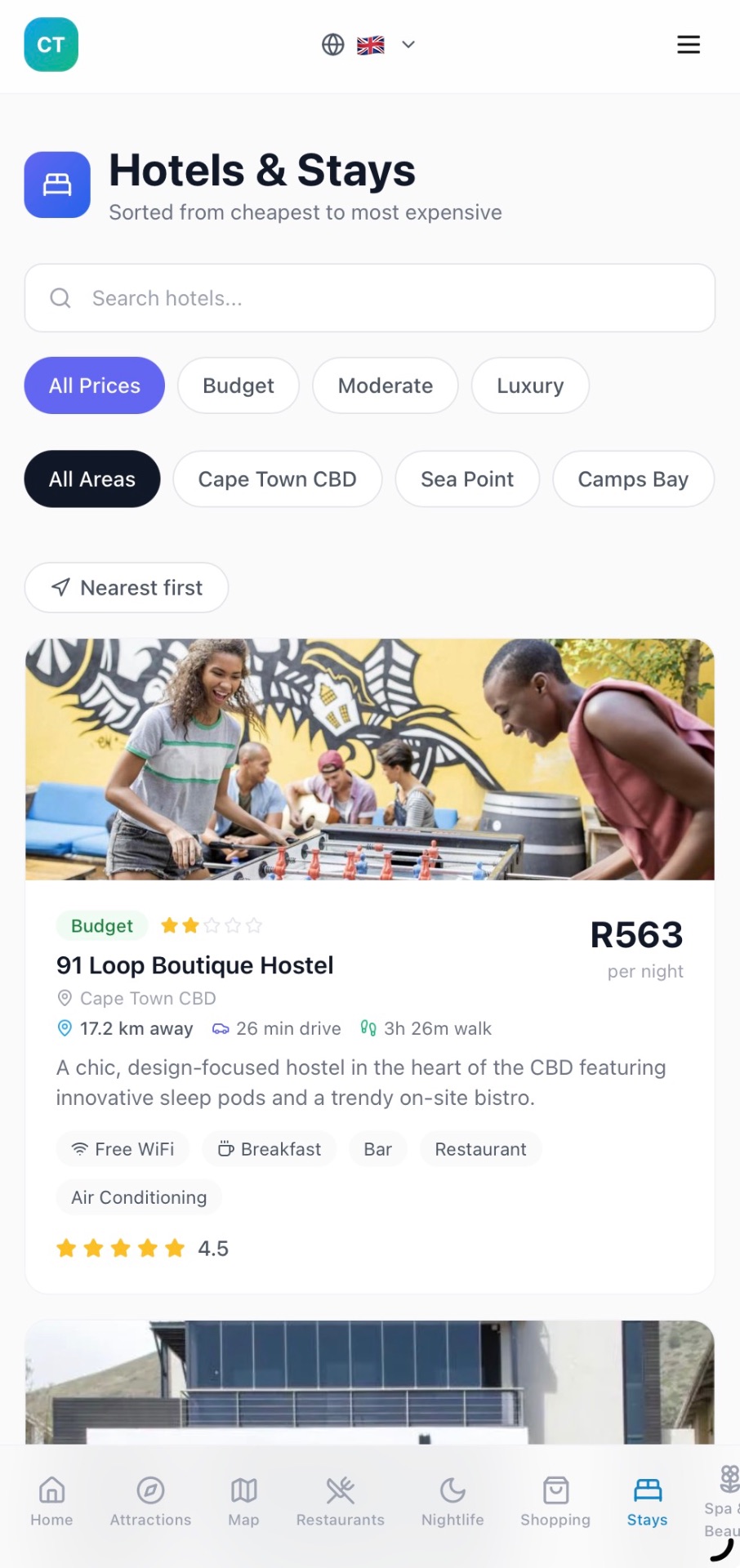 Hotels & Stays screen