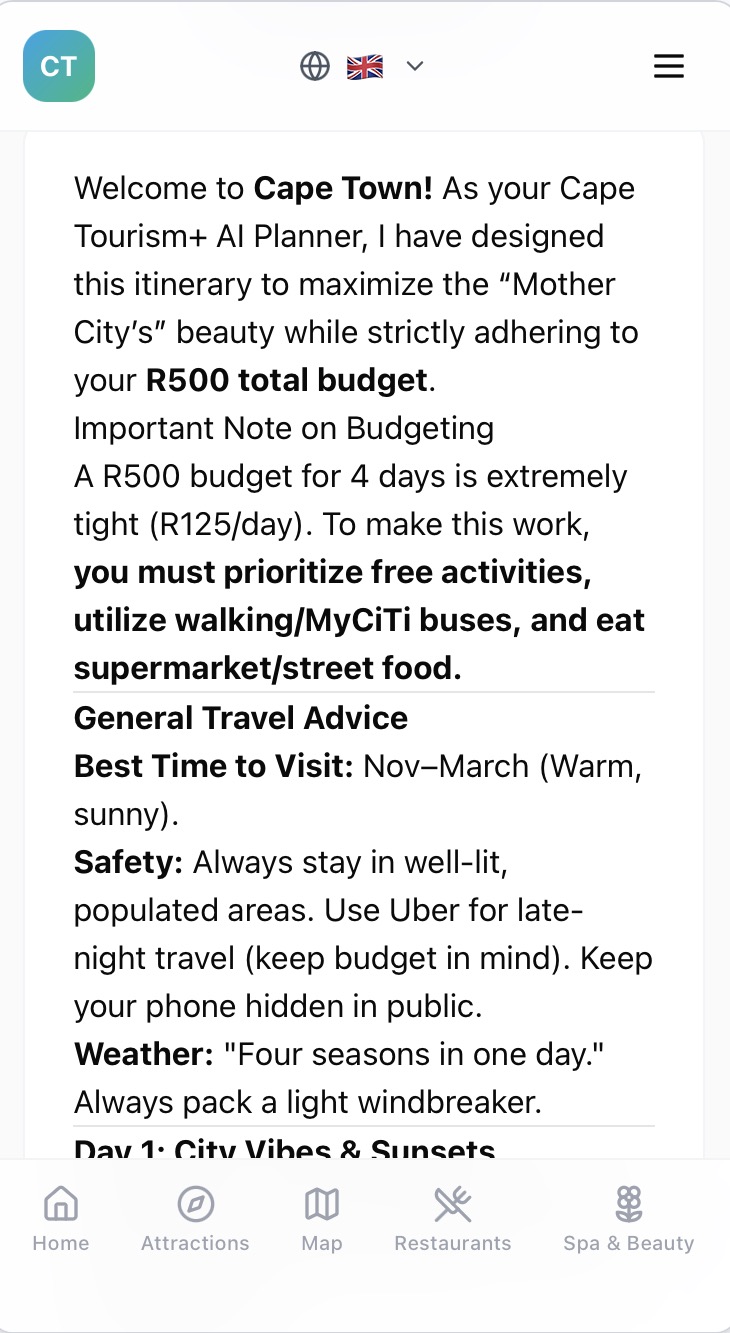 Personalized Itinerary screen